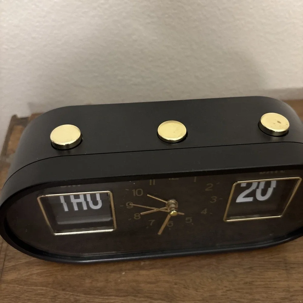 XO Poppy Retro Flip Desk Clock - Day Date, Analog Display Black & Gold Decor